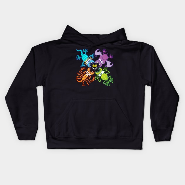 Bat, lizard, scorpion and frog attacking a defenseless fly Kids Hoodie by zooco